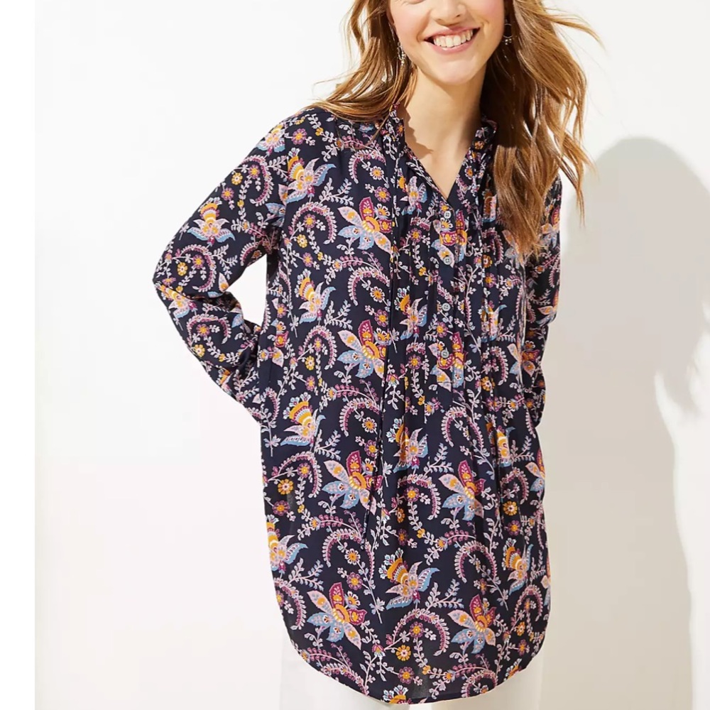 LOFT Navy Paisley Floral Button-Front Blouse